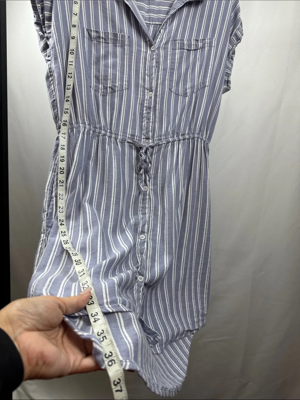 Japna Blue White Stripe Shirt Dress Tie Waist Linen Blend Size Large